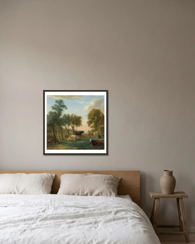 Kor på en äng nära en gård av Paulus Potter inramad på en vägg