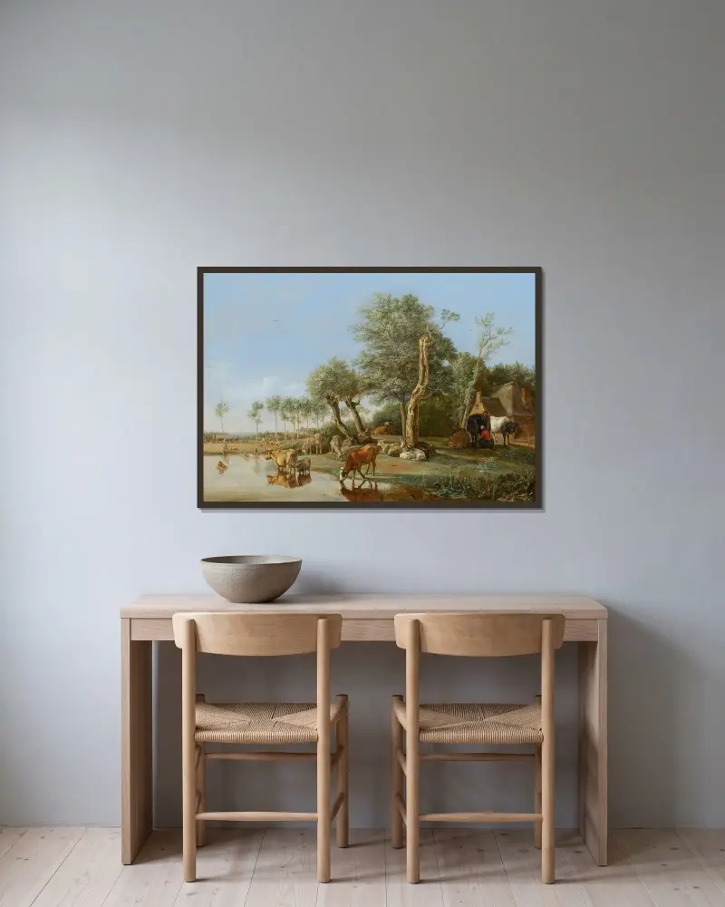 Krávy zrcadlící se ve vodě, Paulus Potter v rámu na stěně