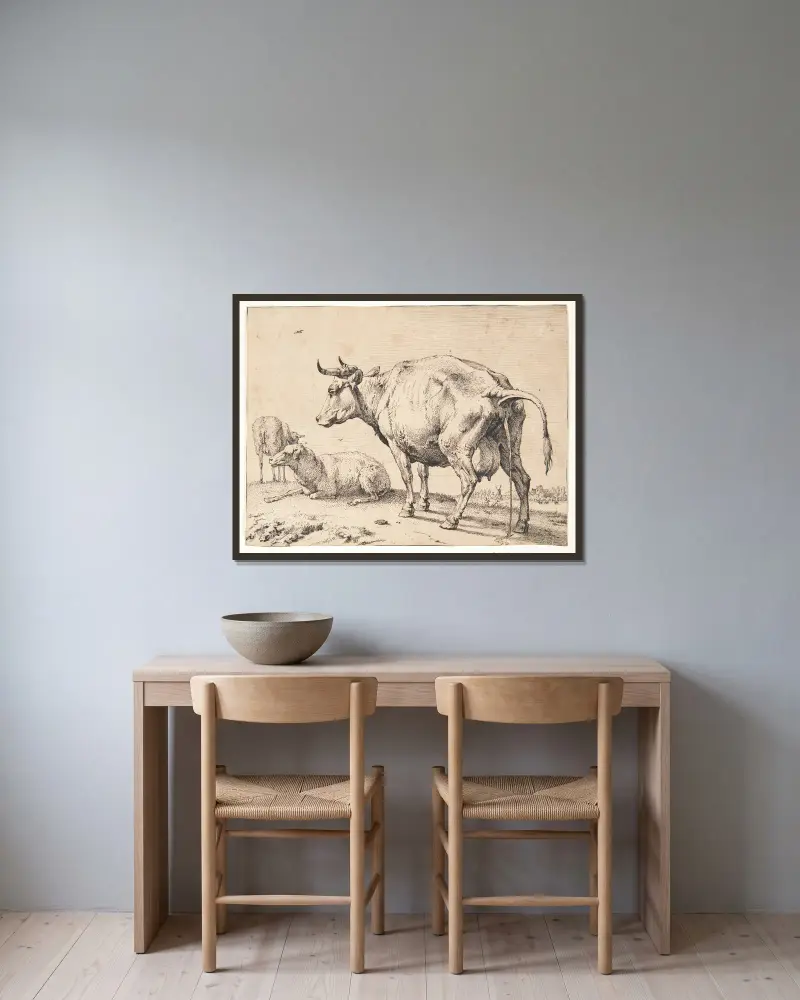 En pissende ko av Paulus Potter inramad på en vägg