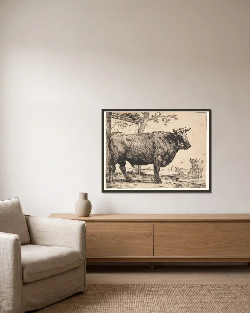 Ein Stier von Paulus Potter gerahmt an einer Wand