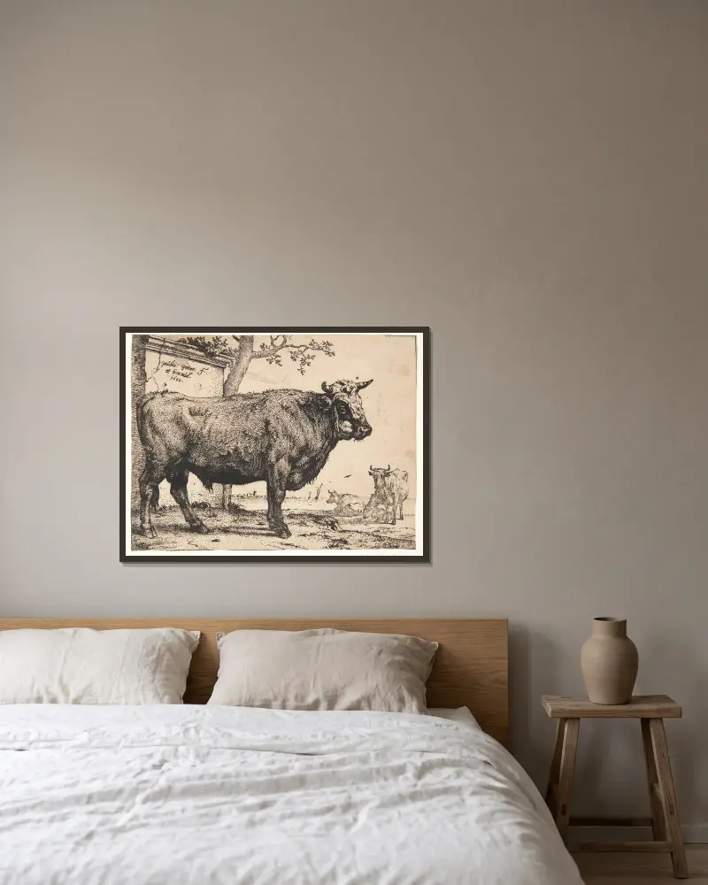 Ein Stier von Paulus Potter gerahmt an einer Wand