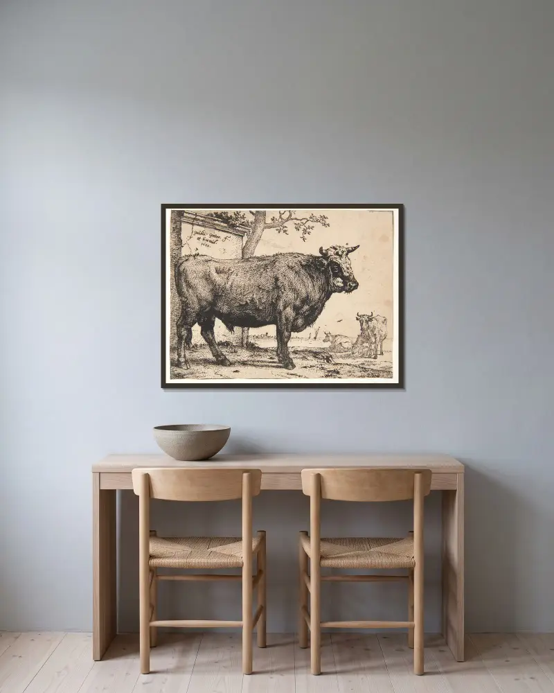 Ein Stier von Paulus Potter gerahmt an einer Wand