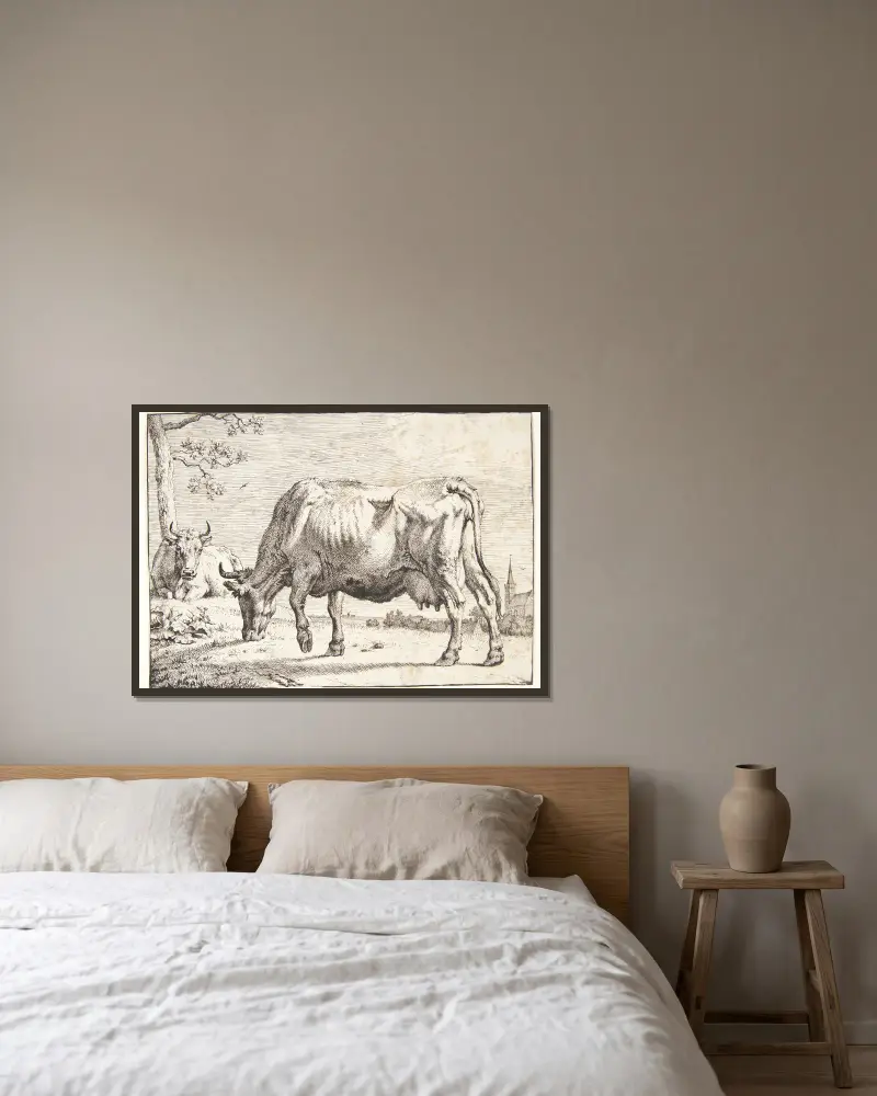 Weidende Kuh von Paulus Potter gerahmt an einer Wand