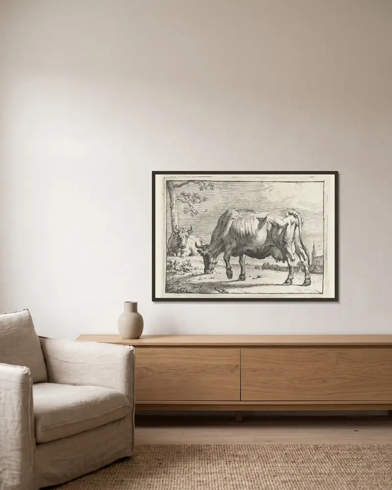 Grazing cow av Paulus Potter inramad på en vägg