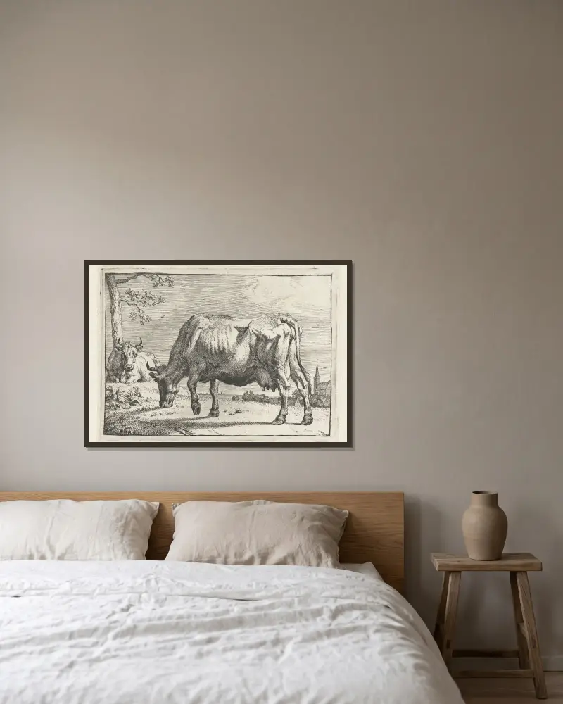 Grazing cow av Paulus Potter inramad på en vägg