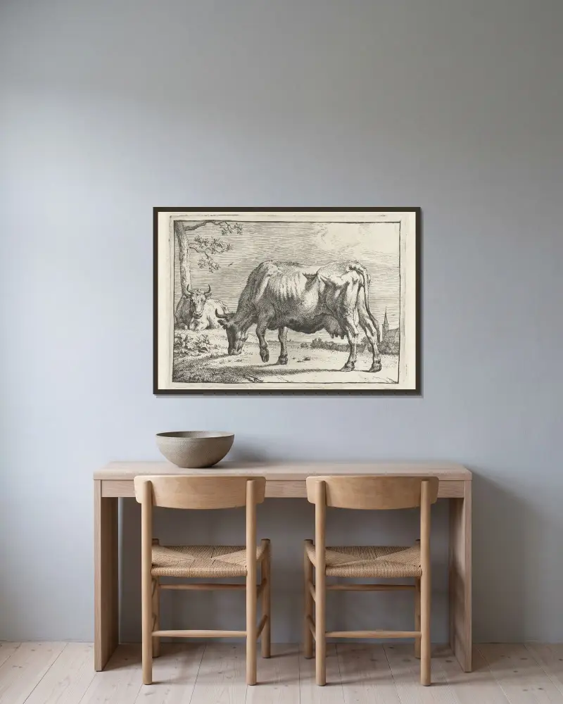 Grazing cow av Paulus Potter inramad på en vägg