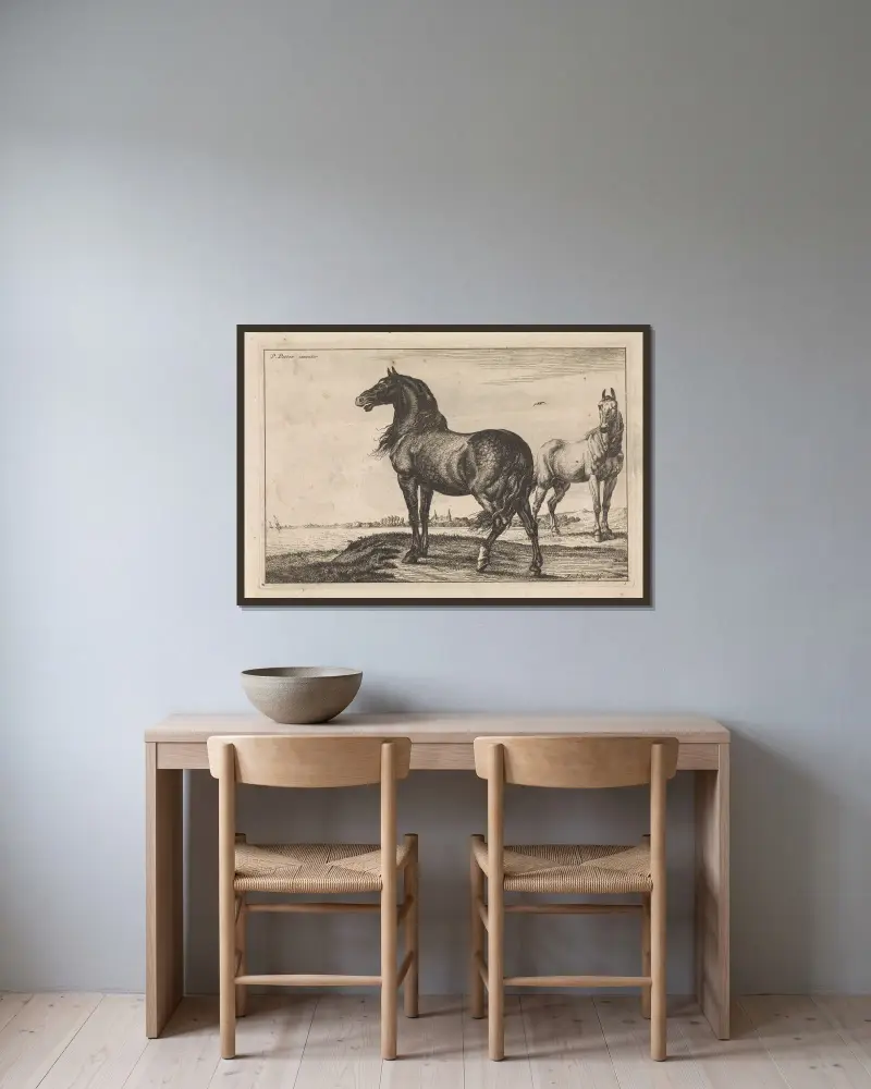 Gnäggande häst av Paulus Potter inramad på en vägg