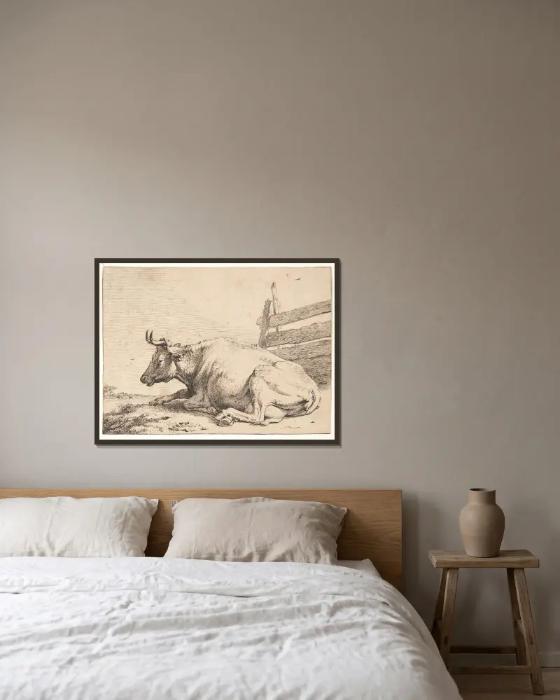 Ko liggende ved et hegn av Paulus Potter inramad på en vägg