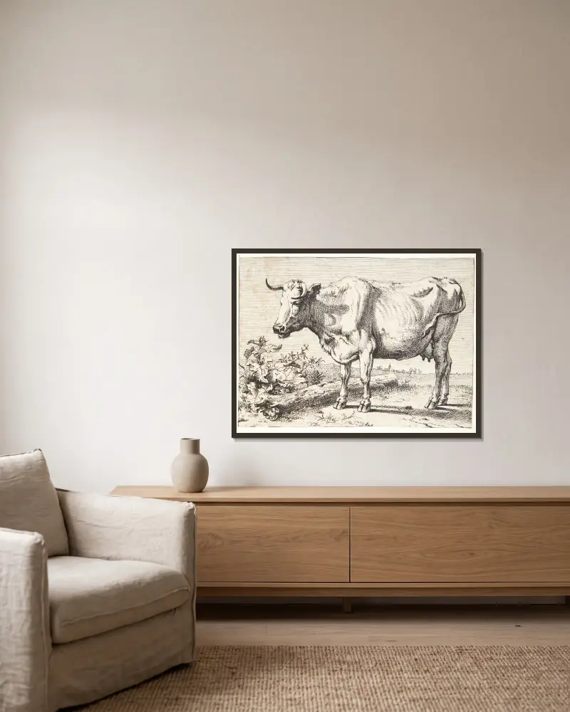 Kuh mit lockigen Hörnern von Paulus Potter gerahmt an einer Wand
