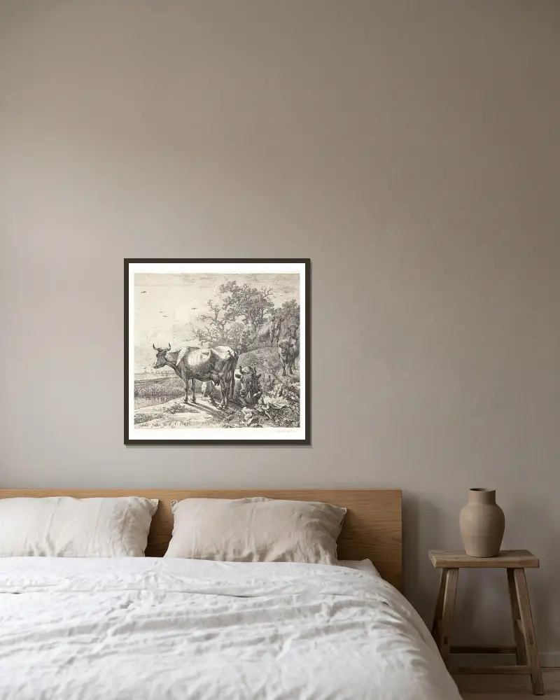 Kohyrden, 1649 av Paulus Potter inramad på en vägg