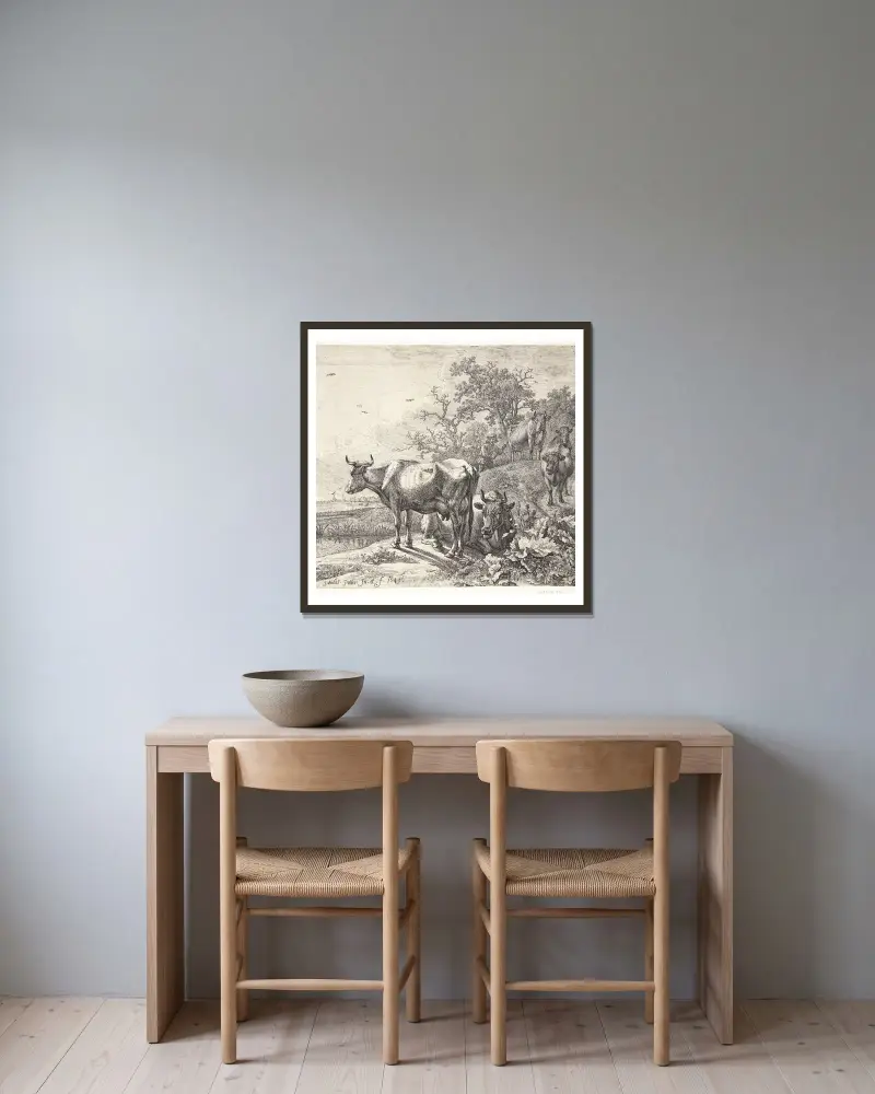 Kohyrden, 1649 av Paulus Potter inramad på en vägg