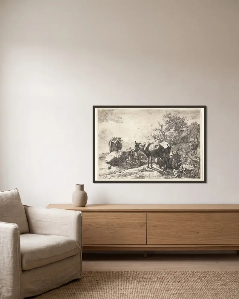 Kohyrden, 1643 av Paulus Potter inramad på en vägg