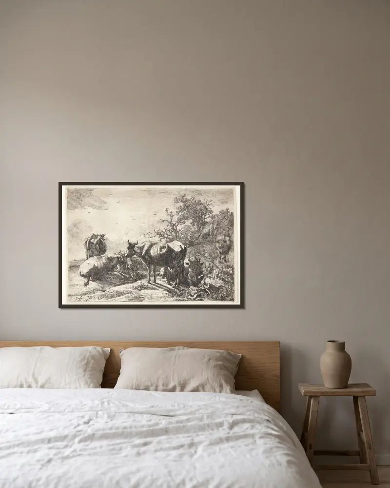 Kohyrden, 1643 av Paulus Potter inramad på en vägg