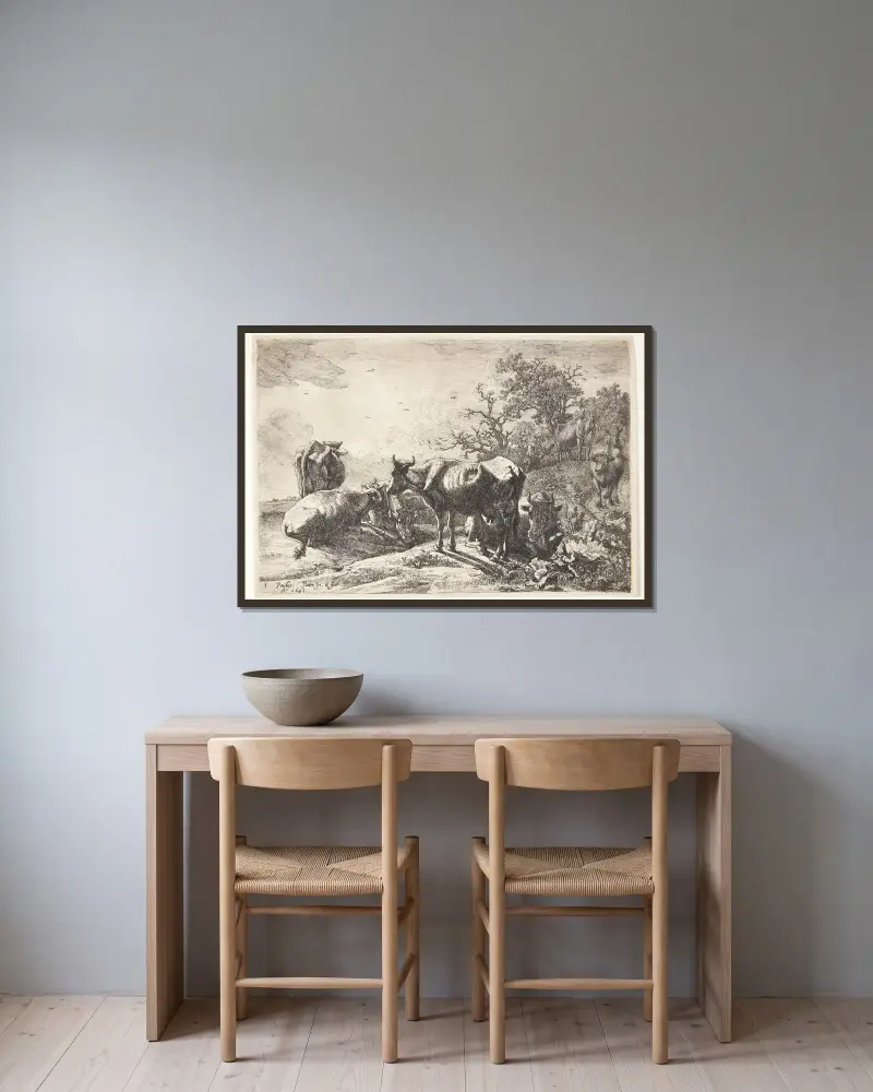Kohyrden, 1643 av Paulus Potter inramad på en vägg