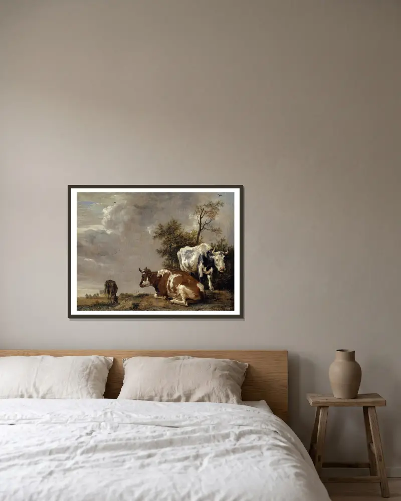 Drei Kühe auf einer Weide von Paulus Potter gerahmt an einer Wand