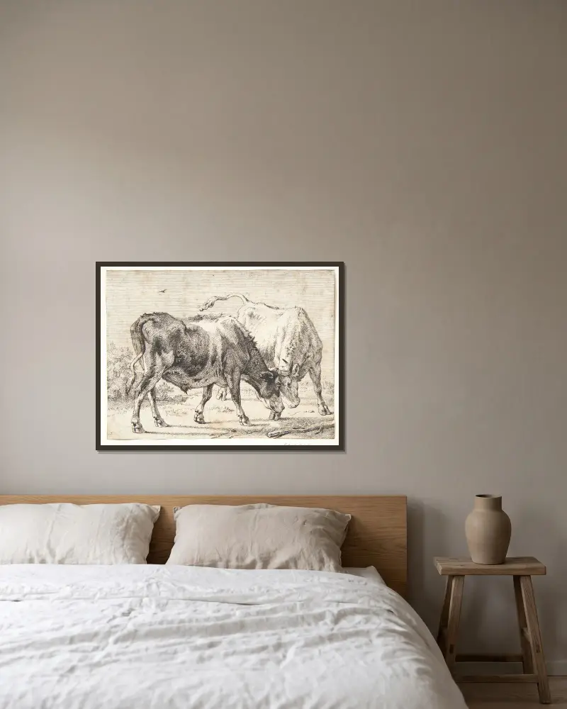 To kæmpende okser av Paulus Potter inramad på en vägg