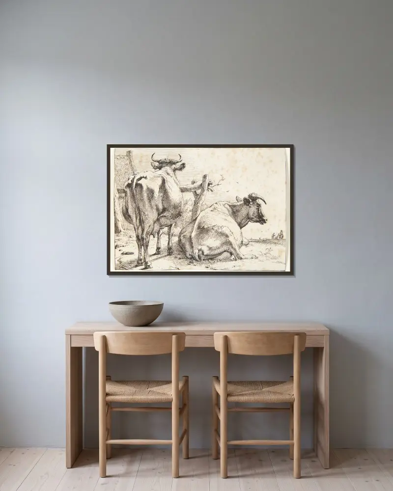 Zwei Kühe von hinten gesehen, 1650 – Nr. 1 von Paulus Potter gerahmt an einer Wand