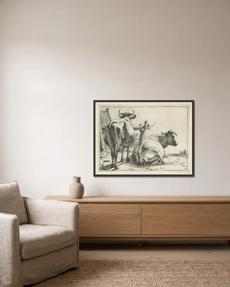 Zwei Kühe von hinten gesehen von Paulus Potter gerahmt an einer Wand