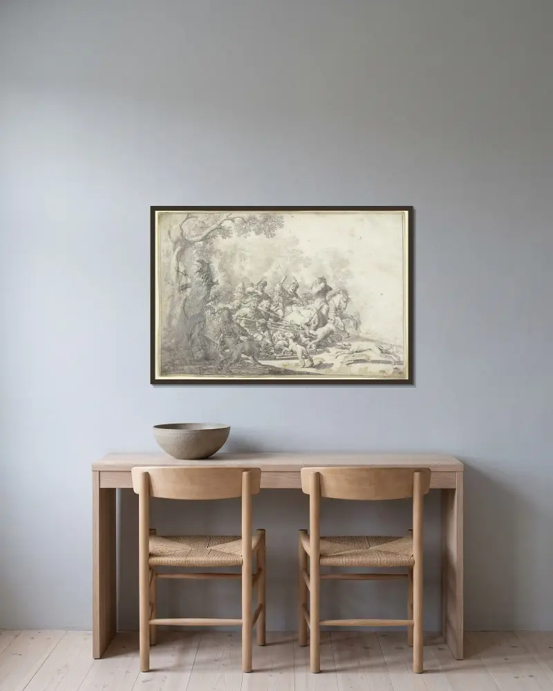 Många jägare till häst och till fots fäller ett stort vildsvin av Paulus Potter inramad på en vägg