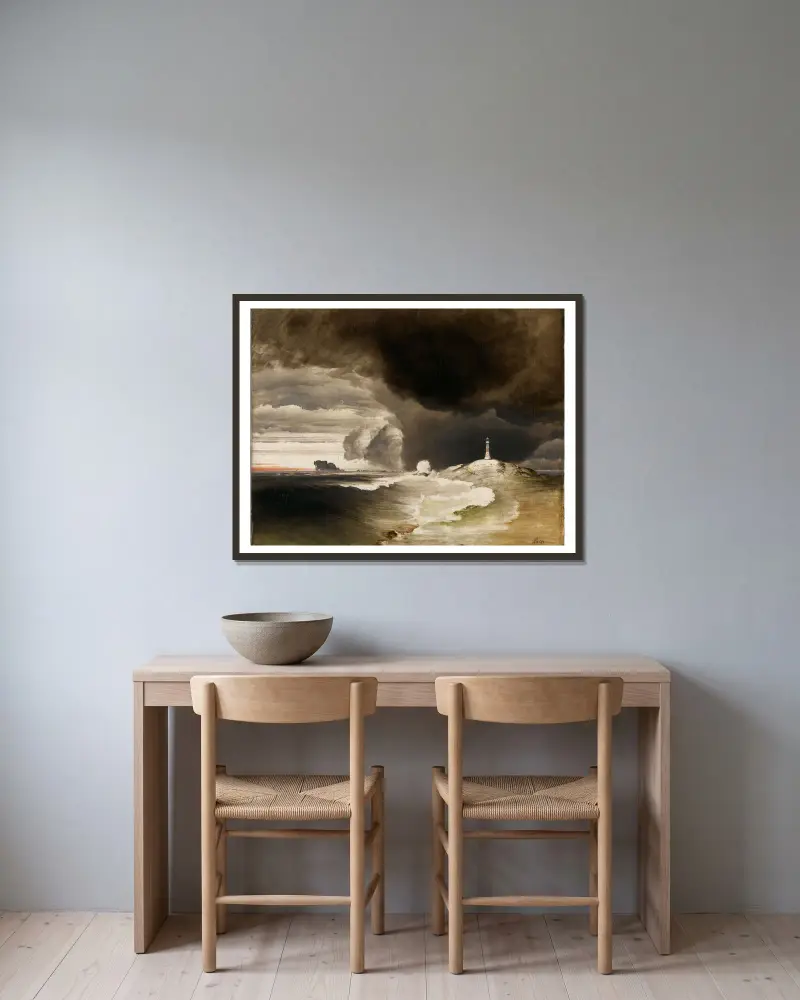 Fyr på den norska kusten, 1855 av Peder Balke inramad på en vägg