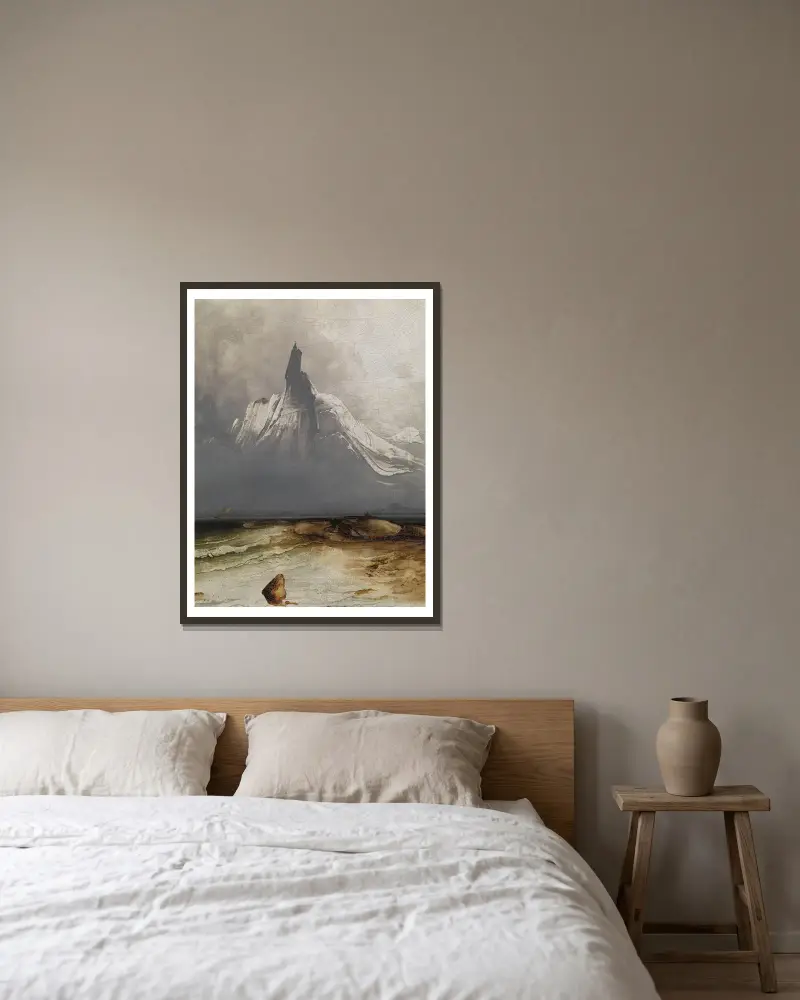 Stetind in Fog av Peder Balke inramad på en vägg