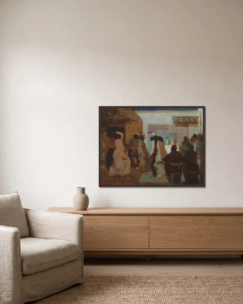 Candombe oder Candombe unter dem Mond von Pedro Figari gerahmt an einer Wand