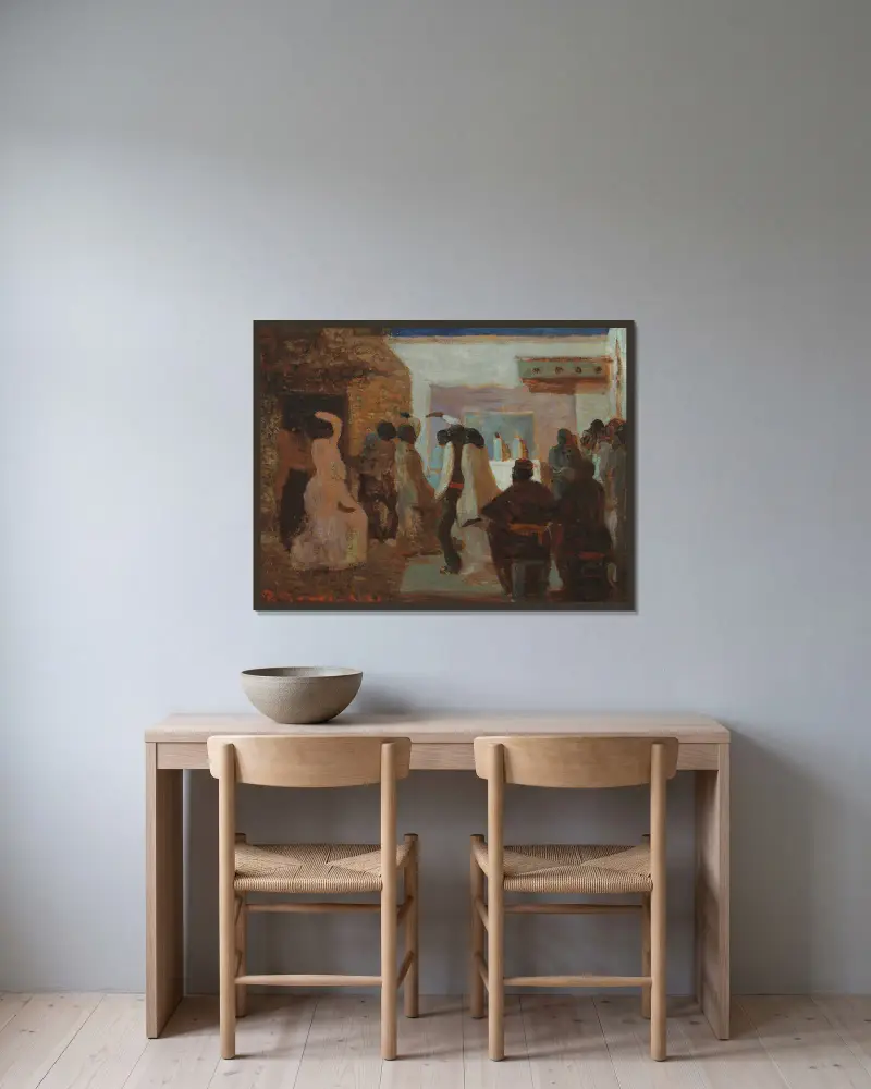 Candombe oder Candombe unter dem Mond von Pedro Figari gerahmt an einer Wand