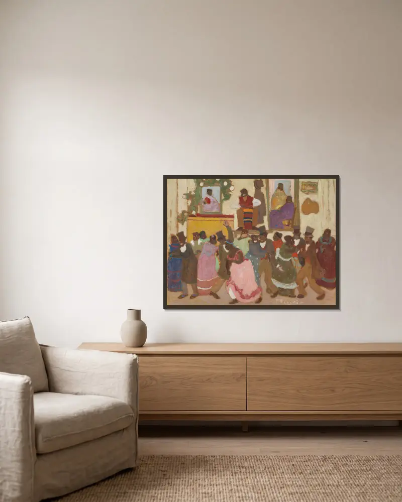 Dancing People av Pedro Figari inramad på en vägg