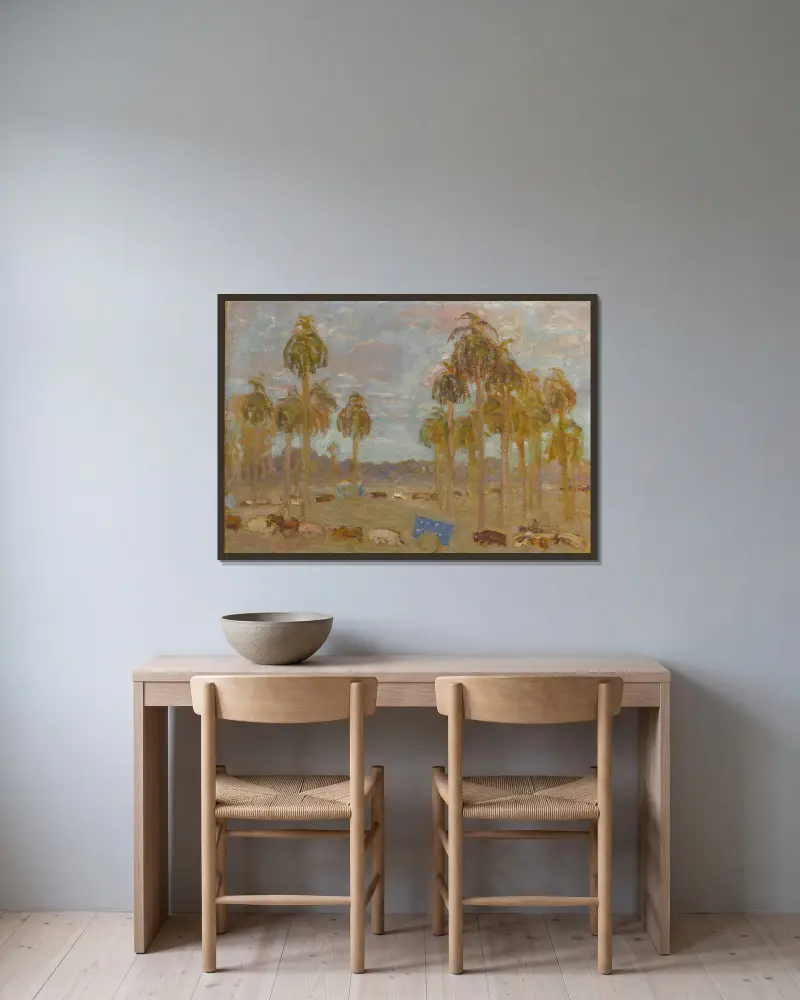 La Conquista del Chaco av Pedro Figari inramad på en vägg