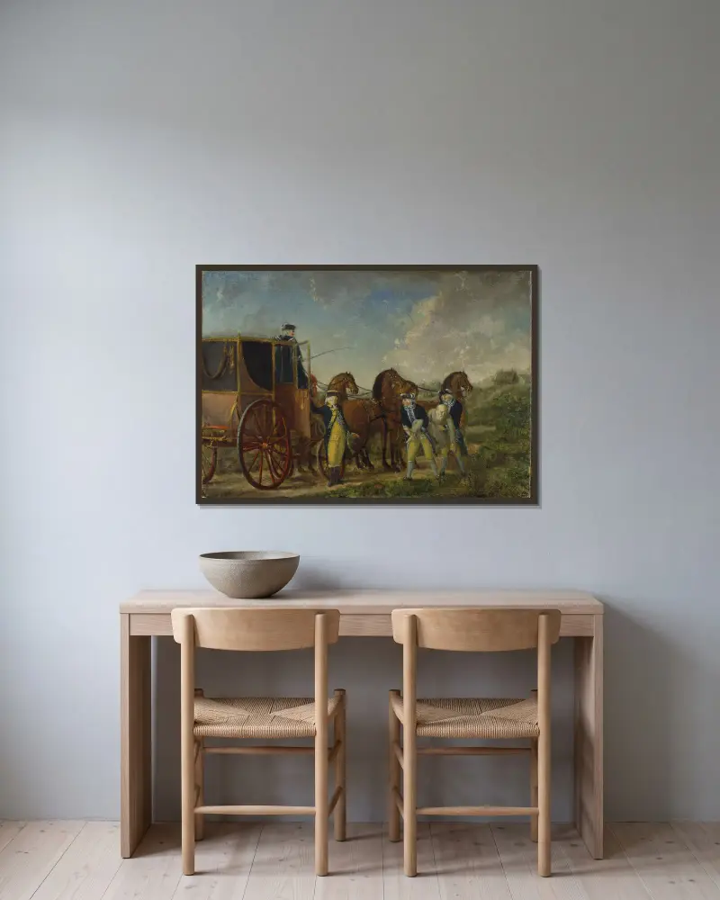 Kung Adolf Fredrik (1710–1771) vid Loka brunn 1762 av Pehr Hilleström inramad på en vägg