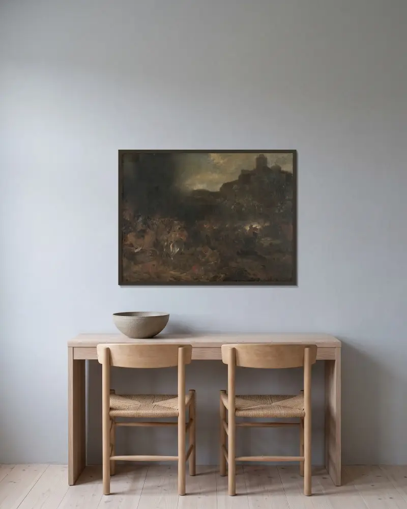 Landskap med samer av Pehr Hilleström inramad på en vägg