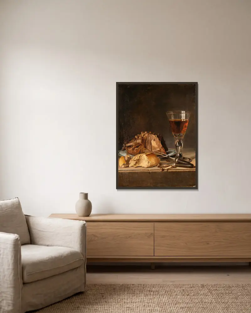 Stillleben mit gebratenem Geflügel und Weinglas von Pehr Hilleström gerahmt an einer Wand