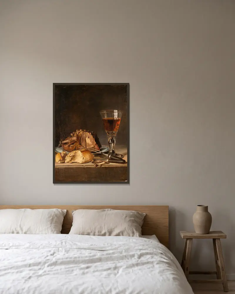 Stillleben mit gebratenem Geflügel und Weinglas von Pehr Hilleström gerahmt an einer Wand