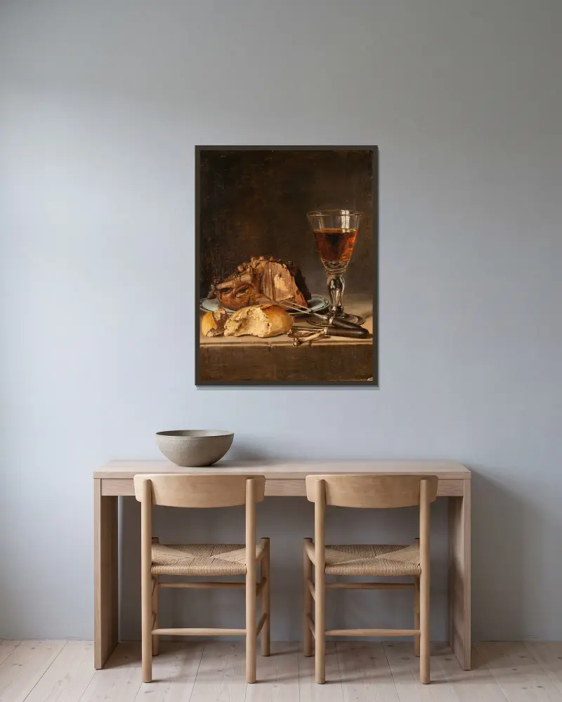 Stillleben mit gebratenem Geflügel und Weinglas von Pehr Hilleström gerahmt an einer Wand