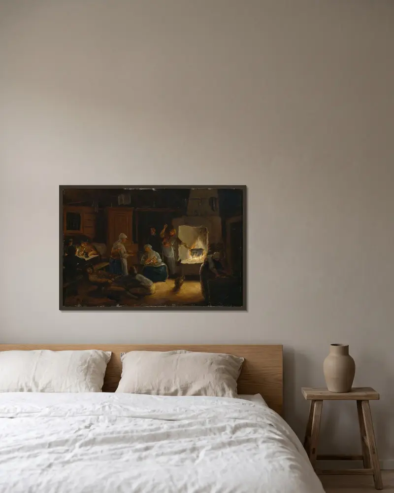 Interieur einer Bauernstube in Småland von Pehr Hörberg gerahmt an einer Wand