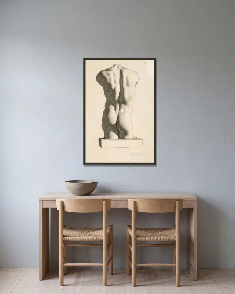 Baksidan av en manlig torso av Pekka Halonen inramad på en vägg