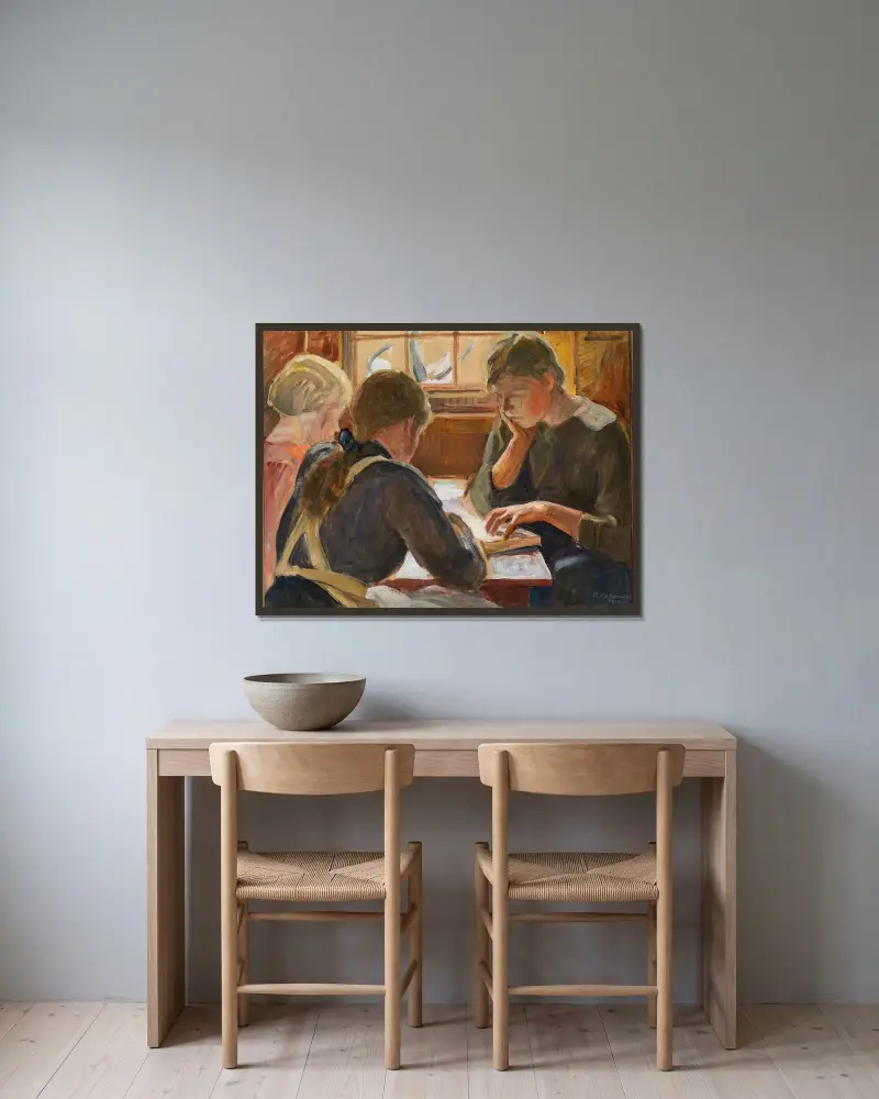 Children reading av Pekka Halonen inramad på en vägg