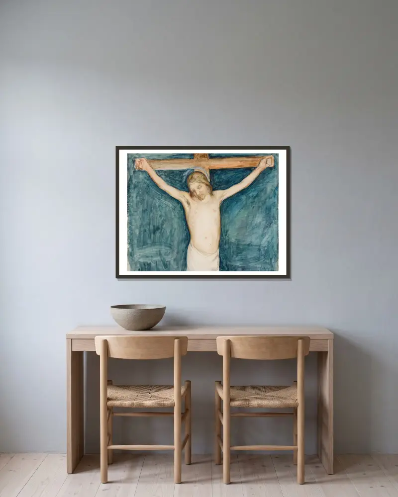 Crucifixion av Pekka Halonen inramad på en vägg