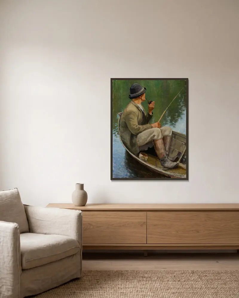 Ein Mann beim Fischen von Pekka Halonen gerahmt an einer Wand