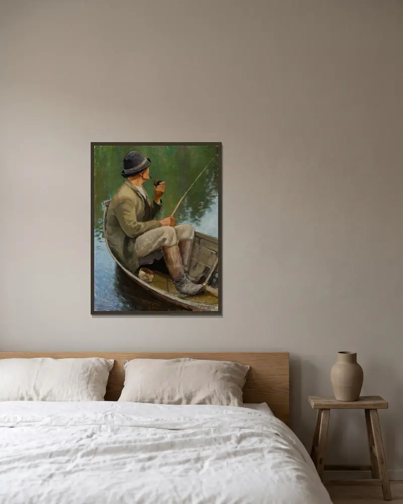 Ein Mann beim Fischen von Pekka Halonen gerahmt an einer Wand