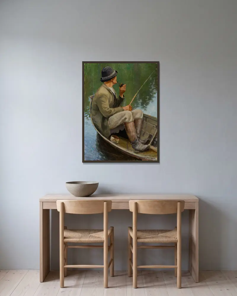 Ein Mann beim Fischen von Pekka Halonen gerahmt an einer Wand