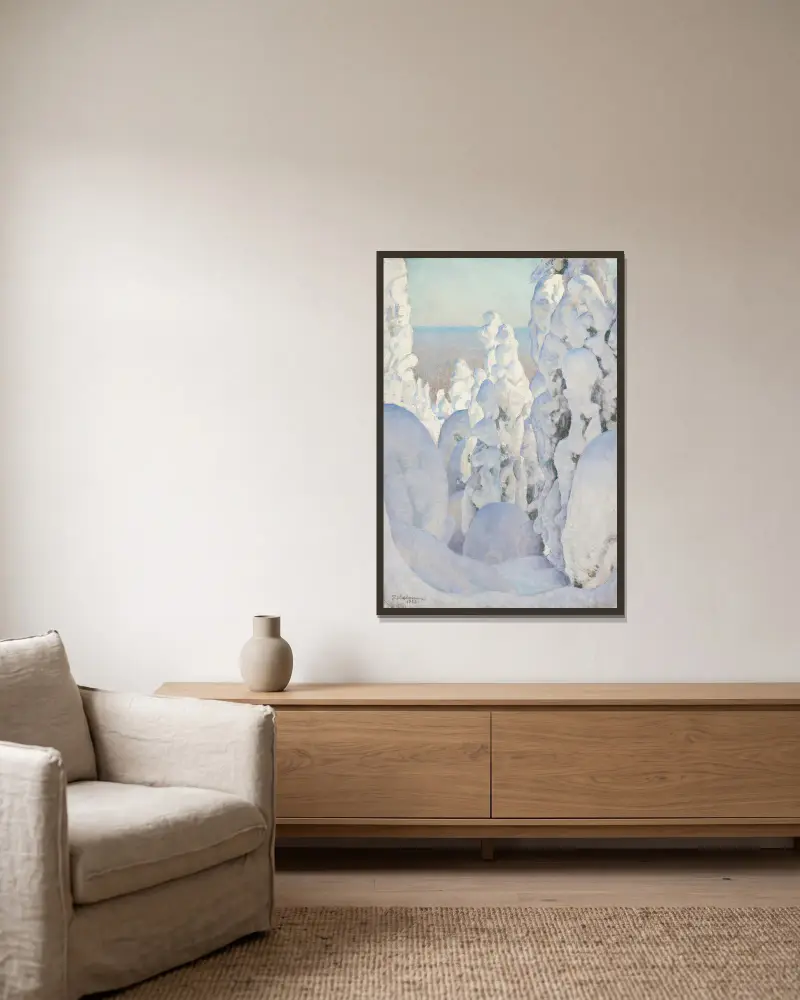 Winterlandschaft, Kinahmi von Pekka Halonen gerahmt an einer Wand
