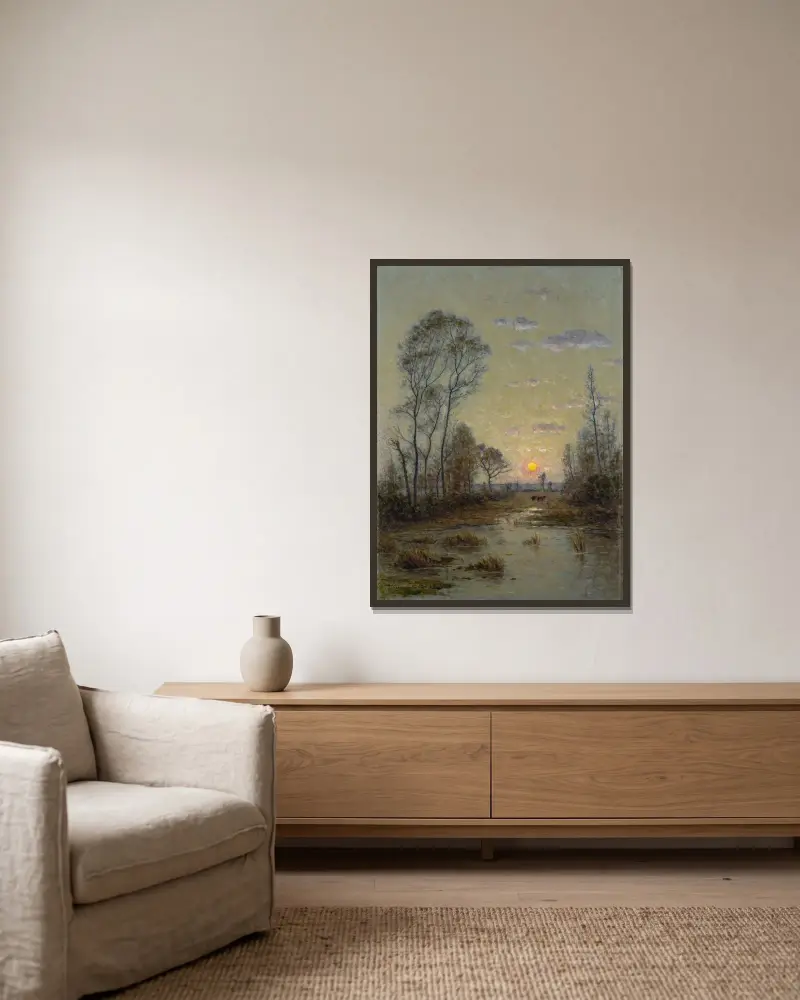Zwei Kühe in einer Abendlandschaft von Per Ekström gerahmt an einer Wand