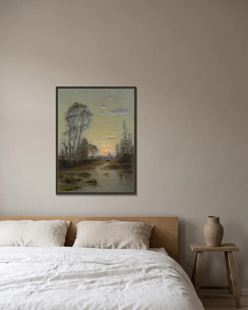 Zwei Kühe in einer Abendlandschaft von Per Ekström gerahmt an einer Wand