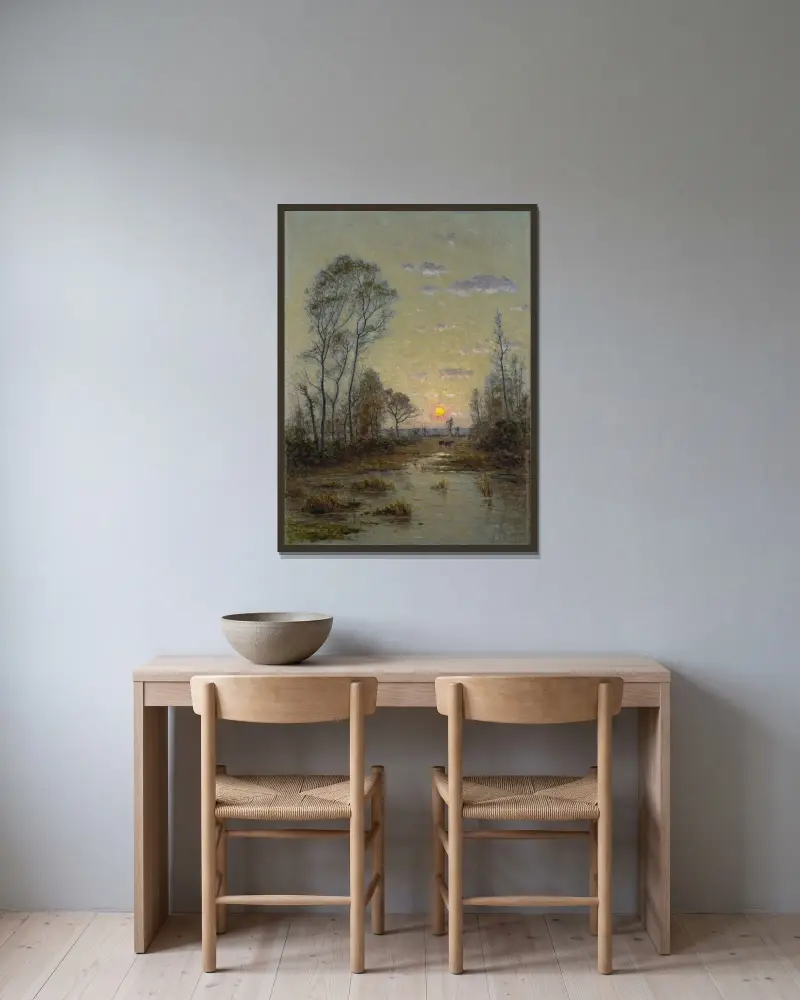 Zwei Kühe in einer Abendlandschaft von Per Ekström gerahmt an einer Wand
