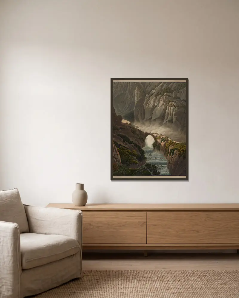 Le Pont du Diable au St. Gotthard av Peter Birmann inramad på en vägg
