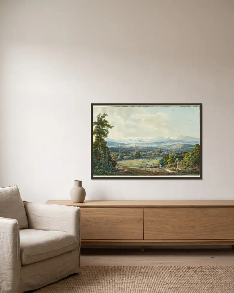 Sursee und Umgebung mit Sempachersee und Alpen von Peter Birmann gerahmt an einer Wand