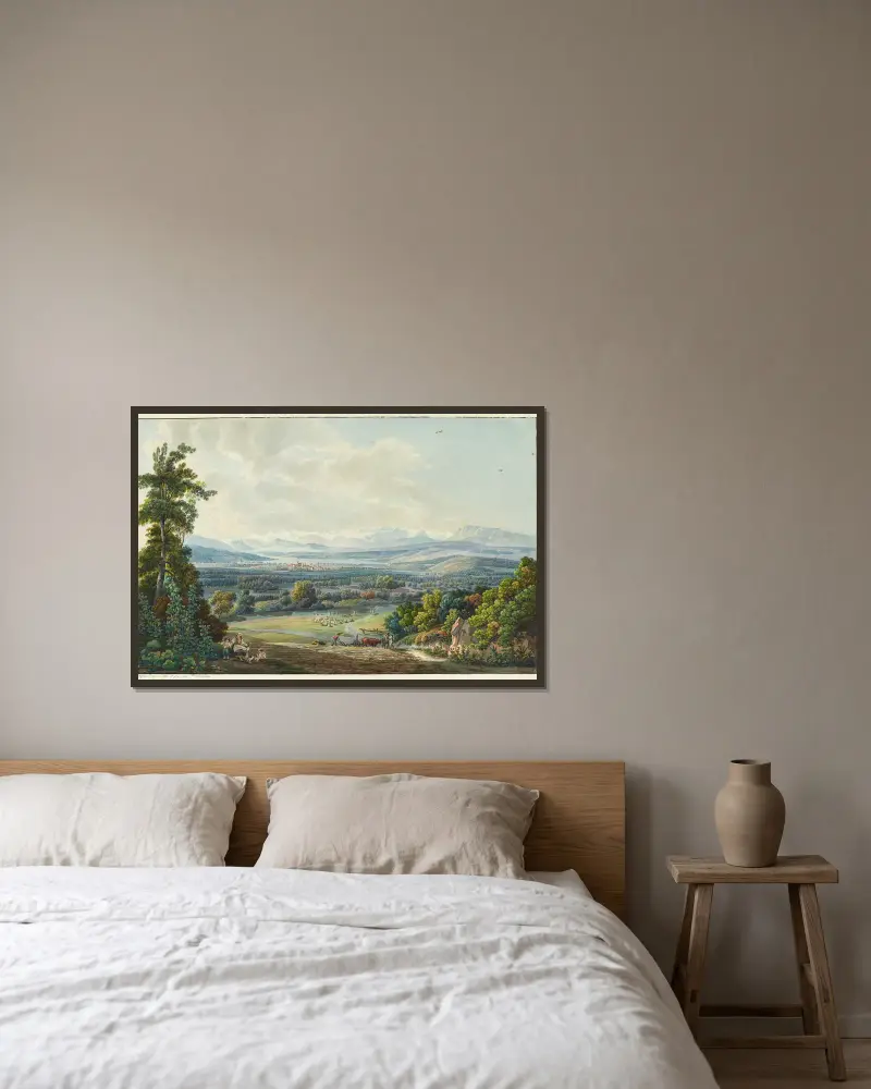Sursee und Umgebung mit Sempachersee und Alpen von Peter Birmann gerahmt an einer Wand