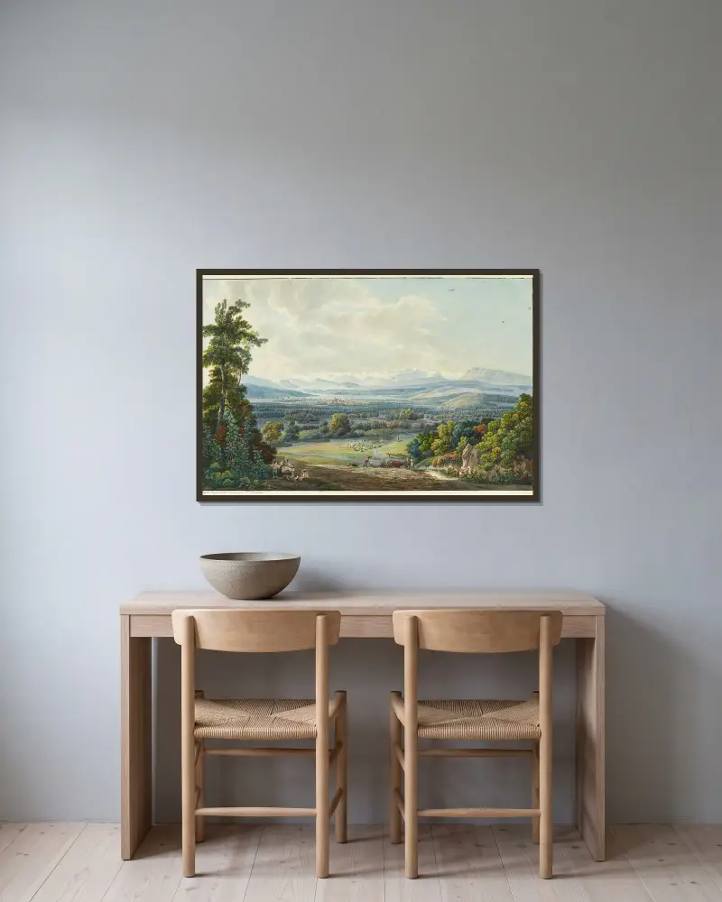 Sursee und Umgebung mit Sempachersee und Alpen von Peter Birmann gerahmt an einer Wand