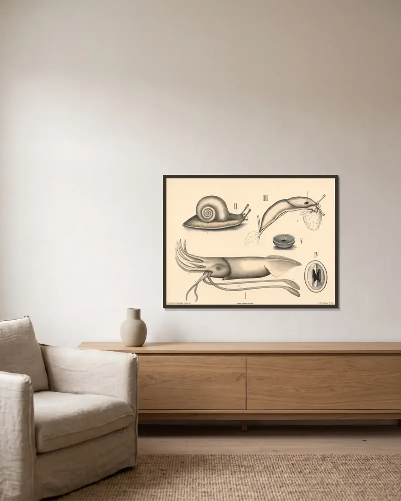 Weichtiere. Kopffüßer und Schnecken von Peter Dybdahl gerahmt an einer Wand